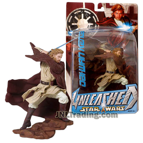 Star Wars Year 2004 Unleashed Series 6-1/2 Inch Tall Figure : OBI-WAN KENOBI with Lightsaber and Rock-Shaped Display Base