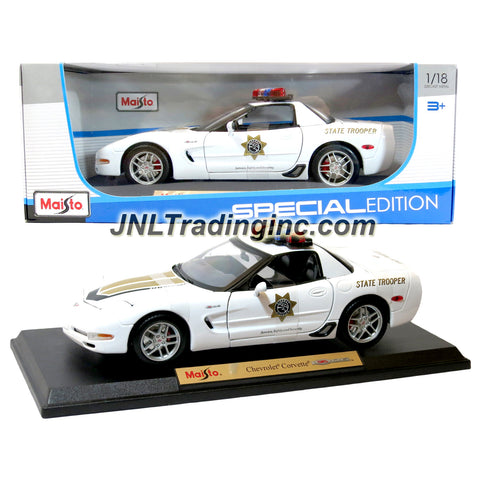 Maisto Special Edition Series 1:18 Scale Die Cast Car - White Highway State Trooper Coupe Cruiser CHEVROLET CORVETTE Z06 with Base (Dim:9" x 4" x 3")