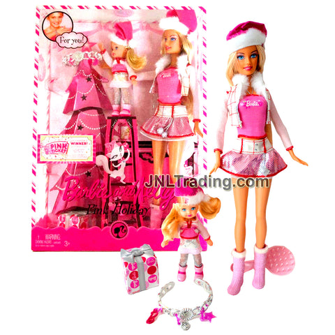 Year 2008 Barbie Pink Holiday Series 2 Pack Doll Set - Barbie and Kelly in Holiday Outfits Plus Bonus Bracelet Just For You P9341