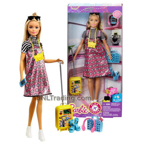 Year 2017 Barbie Pink Passport Series 12 Inch Doll - Caucasian Traveler with Camera, Sunglasses, Headphones, Phone, Necklace, Rolling Suitcase, Purse and Extra Pair of Shoes