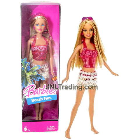 Year 2005 Beach Fun Series 12 Inch Doll - Caucasian Model BARBIE J0697 in Pink Bikini and White Skirt with Earrings, Sunglasses and Lotion Bottle