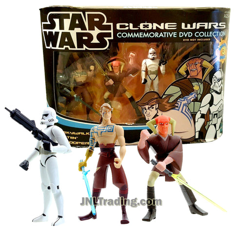 Star Wars Year 2005 Clone Wars Animated Series 3 Pack 4 Inch Tall Figure Set - ANAKIN SKYWALKER, SAESEE and CLONE TROOPER with 2 Lightsabers, Blaster Rifle and 3 Display Bases