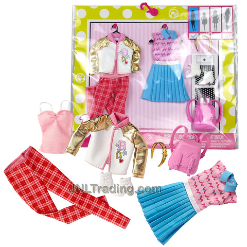 Year 2016 Barbie Fashionistas Series Accessory Set with Varsity Jacket, Shoulder Strap Tops, Dress, Hairband, Backpack and Shoes