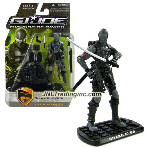 Hasbro Year 2009 G.I. JOE Movie "The Rise of Cobra" Series 4 Inch Tall Action Figure - City Strike SNAKE EYES with Katana Sword, Gun, Battle Knife, Assault Rifle, Submachine Gun, Spike Shoes, Backpack with 2 Grappling Hooks and Display Base