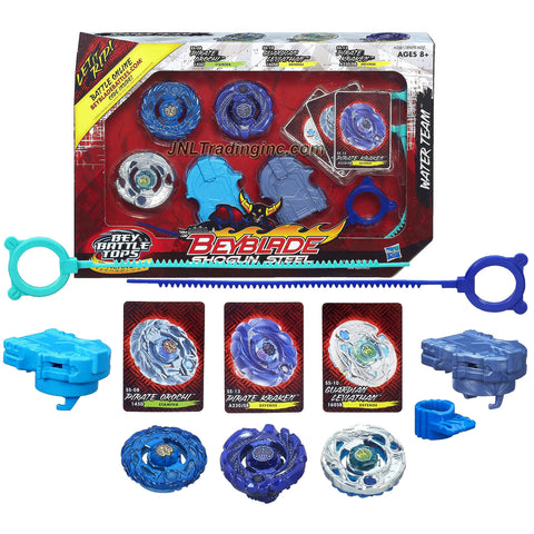 Hasbro Year 2013 Beyblade Shogun Steel Bey Battle Tops Water Team 3 Pack Set - Stamina 145D SS-08 PIRATE OROCHI with 145 Track, D Tip, Defense 160SB SS-10 GUARDIAN LEVIATHAN with 160 Track, SB Tip and A230JSB SS-13 PIRATE KRAKEN with A230 Track, JSB Tip Plus 2 Ripcord Launcher and Online Code