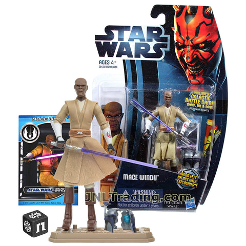 Star Wars Year 2012 The Clone Wars Series 4 Inch Tall Figure - MACE WINDU CW8 with Lightsaber, Jango Fett's Broken Helmet, Card, Die and Display Base