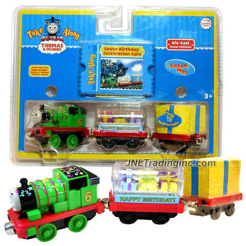 Learning Curve Year 2006 Thomas and Friends Take Along Series Die Cast Metal Train Set - SODOR BIRTHDAY CELEBRATION CARS with Percy, Cake Snow Globe and Present Car