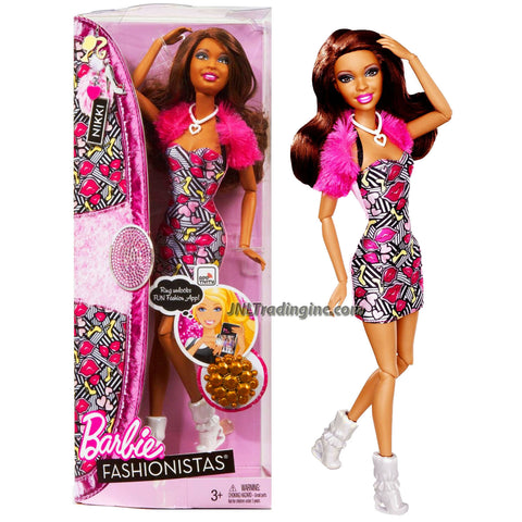Mattel Year 2012 Barbie Fashionistas Series 12 Inch Doll Set - NIKKI (X2275) with Faux Fur Sleeve Pink Dress, Necklace, High Heel Shoes and Purse