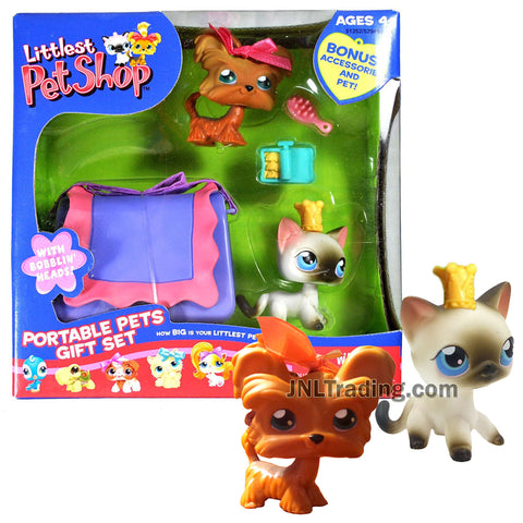 Year 2006 Littlest Pet Shop LPS Portable Pets Gift Set Series Bobble Head Figure Set - Yorkshire Terrier and Siamese Cat with Carrier