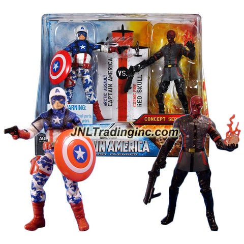  Hasbro Year 2011 Marvel Studios Movie Series "Captain America The First Avenger" 2 Pack 4 Inch Tall Action Figure - Arctic Assault CAPTAIN AMERICA with Shield and Pistol vs. Cosmic Fire RED SKULL with Flaming Cosmic Cube and Assault Rifle