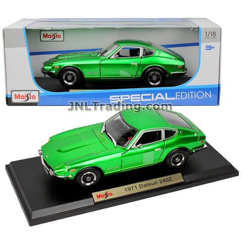 Maisto Special Edition Series 1:18 Scale Die Cast Car Set - Metallic Green Classic 2-Seat Sports Coupe 1971 Nissan DATSUN 240Z with Display Base