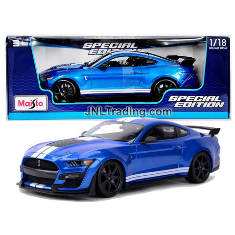 Maisto Special Edition Series 1:18 Scale Die Cast Car Set - Blue Sports Coupe 2020 MUSTANG SHELBY GT500 with White Stripes and Display Base