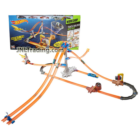 Year 2014 Hot Wheels Workshop TRACK BUILDER Mega Pack with Tower Starter Set, Launcher, Crate Crash, Curve Pack, Connectors and 5 Die Cast Cars