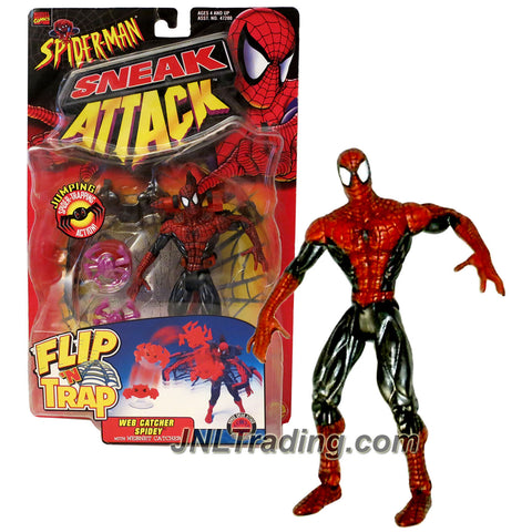 Toy Biz Year 1998 Marvel Comics Spider-Man Sneak Attack Flip 'N Trap 6 Inch Tall Figure - WEB CATCHER SPIDEY (Red/Black) with Webnet Catcher, Spider and Sticker