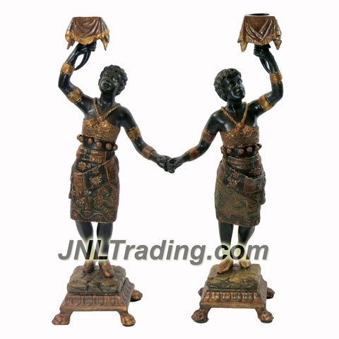 Royal Designs Ancient Series 2 Pack 14-3/4 Inch Tall High Quality Resin Candle Stick Holder Sculpture - African Lady Carrying a Tribute Box