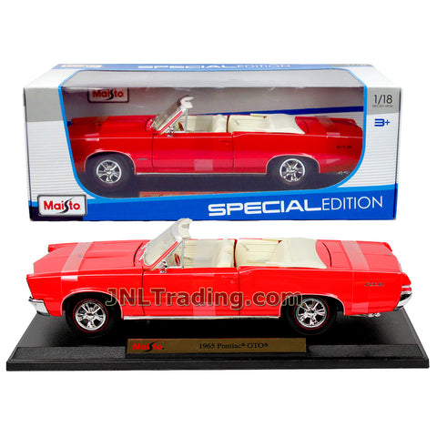Maisto Special Edition Series 1:18 Scale Die Cast Car Set - Red Color Convertible Coupe 1965 PONTIAC GTO with Display Base