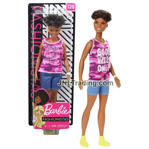 Year 2018 Barbie Fashionistas 12 Inch Doll #128 - African American Model in Good Vibes Only Pink Camo Tops and Blue Denim Shorts with Watch GHP98