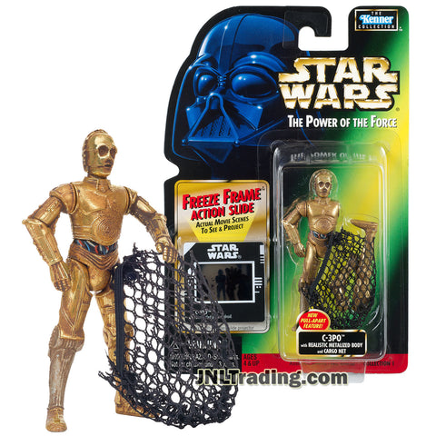Star Wars Year 1997 Power of The Force Series 4 Inch Tall Figure : C-3PO with Realistic Metalized Body and Cargo Net Plus Freeze Frame Action Slide