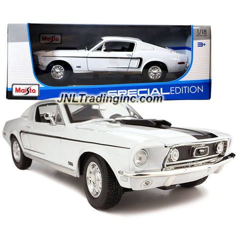 Maisto Special Edition Series 1:18 Scale Die Cast Car - White Classic Muscle Coupe 1968 FORD MUSTANG GT COBRA JET with Base (Dim.: 10" x 3-1/2" x 3")