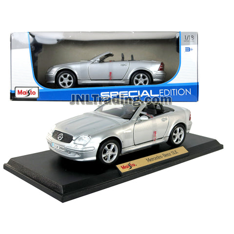 Maisto Special Edition Series 1:18 Scale Die Cast Car - Silver Color Convertible Sports Coupe MERCEDES BENZ SLK w/ Display Base (Dimension: 8" x 4" x 2-1/2")