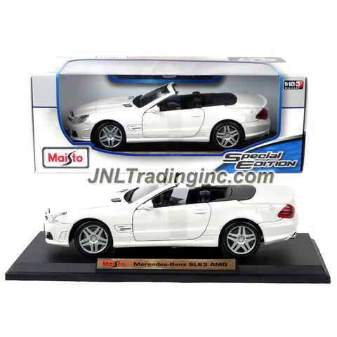 Maisto Special Edition Series 1:18 Scale Die Cast Car - White Convertible Coupe MERCEDES BENZ SL63 AMG with Display Base (Dim: 9-1/2" x 4" x 3")