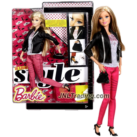 Mattel Year 2014 Barbie Style Series 12 Inch Doll - BARBIE CFM76 in Grey Tops, Pink Pants & Black Leather Jacket with Purse and 2 Pair of Shoes