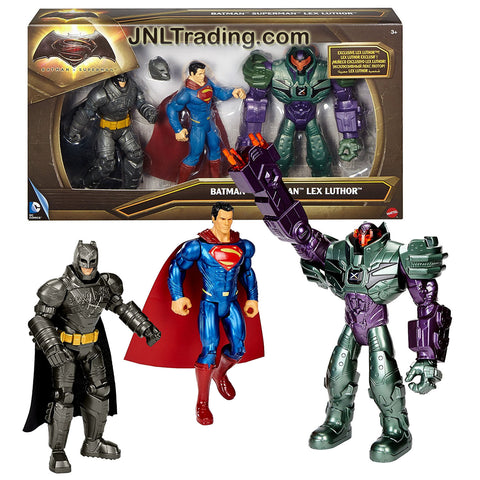 Mattel Year 2015 DC Comics Batman v Superman Series 3 Pack 6 Inch Tall Figure Set - BATMAN, SUPERMAN and MEGA ARMORED LEX LUTHOR