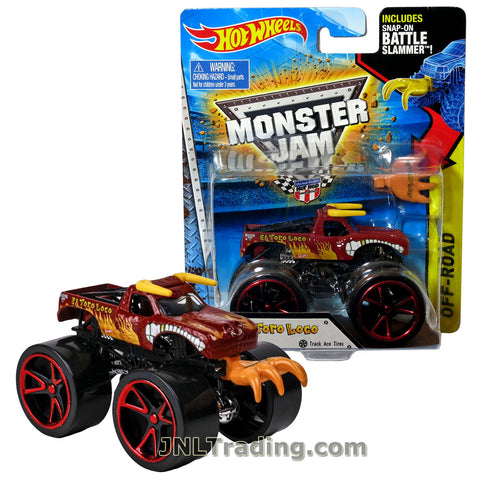 Hot Wheels Year 2014 Monster Jam 1:64 Scale Die Cast Truck OFF-ROAD Series - Red EL TORO LOCO CFT61 with Track Ace Tires and Snap-On Battle Slammer (D: 3-1/2" L x 2-1/4" W x 2-1/2" H)