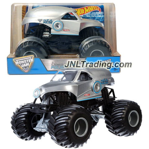 Hot Wheels Year 2016 Monster Jam 1:24 Scale Die Cast Metal Body Official Truck - Silver NEA New Earth Authority N.E.A. POLICE (CGD64) with Monster Tires, Working Suspension and 4 Wheel Steering