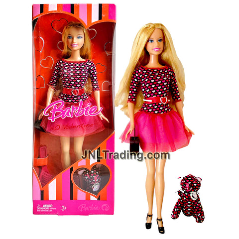 Year 2007 Barbie XO Valentine Series 12 Inch Doll - Caucasian Model BARBIE M0926 in Pink Heart-Pattern Dress with Purse, Pet Plush and Hairbrush