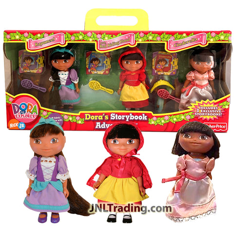 Year 2005 Dora the Explorer Series Storybook Adventure 3 Pack 6 Inch Doll RAPUNZEL, LITTLE RED RIDING HOOD and CINDERELLA with Hairbrush & Storybook