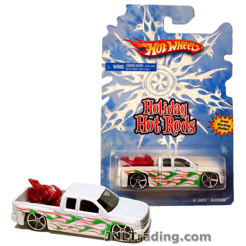 Hot Wheels Year 2008 Holiday Hot Rods Series Set 1:64 Scale Die Cast Car Set - White Color Pick-Up Truck '07 CHEVY SILVERADO with Green Flame Deco Plus Red Motorbike N1177