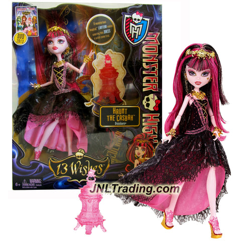 Product Features  Includes: DRACULAURA Daughter of Dracula with Red Lantern, Hairbrush and Display Stand Draculaura doll measured approximately 11 inch tall Produced in year 2012 For age 6 and up  Product Description  Mattel Year 2012 Monster High 13 Wishes - Haunt the Casbah Series 11 Inch Doll Set - DRACULAURA Daughter of Dracula with Red Lantern, Hairbrush and Display Stand