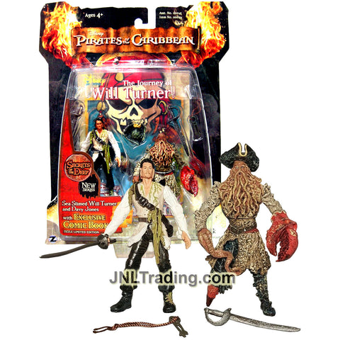 Year 2007 Pirates of the Caribbean 2 Pack 4 Inch Tall Figure : SEA-SLIMED WILL TURNER and DAVY JONES with Hat, Swords, Key and Comic Book