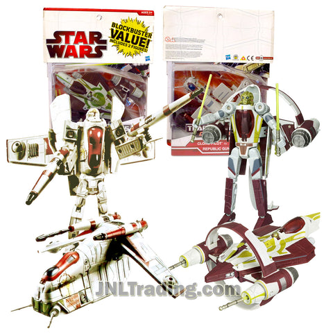 Year 2009 Star Wars Transformers Crossovers 2 Pack 7 Inch Tall Figure - CLONE PILOT to Republic Gunship and KIT FISTO to Jedi Starfighter