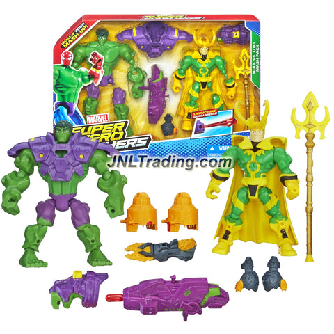 Hasbro Year 2013 Marvel Super Hero Mashers 2 Pack 7 Inch Tall Figure - HULK with Armor & Gamma Missile vs. LOKI with Trident and Flame Hand
