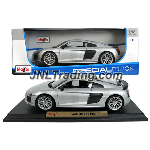 Maisto Special Edition Series 1:18 Scale Die Cast Car Set - Silver Mid Engine Sports Coupe AUDI R8 V10 Plus with Base (Dimension: 9" x 4" x 3")