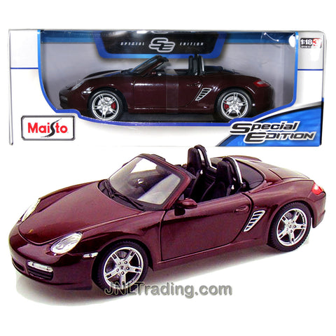 Maisto Special Edition Series 1:18 Scale Die Cast Car Set - Maroon Color Mid-Engine Roadster PORSCHE BOXSTER S with Display Base (Car Dimension: 9" x 4" x 2-1/2")