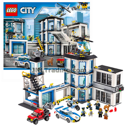 Lego Year 2017 City Series Set 60141 - POLICE STATION with Helicopter, Police Car, Motorbike, Cherry Picker Truck Plus 4 Police Officers, 3 Crooks and Dog Minifigures (Total Pieces: 894)