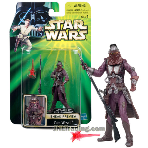 Star Wars Year 2001 Attack of the Clones Series Electronic 4 Inch Tall Figure - Bounty Hunter ZAM WESELL with Blaster Rifle and Pistol