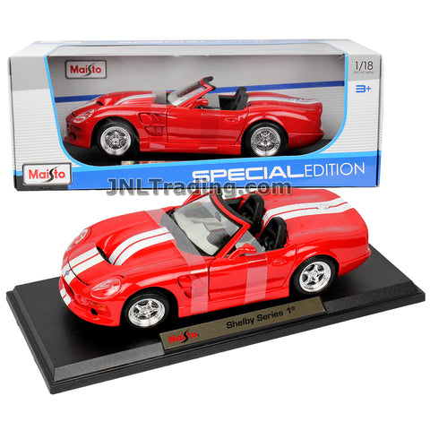 Maisto Special Edition Series 1:18 Scale Die Cast Car Set - Red High Performance Roadster SHELBY SERIES 1 with White Stripes and Display Base