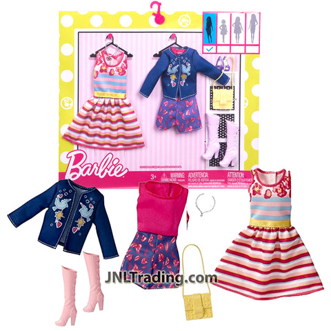 Year 2016 Barbie Fashionistas Series Fashion Pack - CASUAL OUTFITS FBB80 with Dress, Denim Jacket, Sleeveless Romper, Shorts, Necklace, Purse & Boots