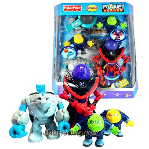 Year 2007 Planet Heroes Exclusive Series Figure Villains Gift Set with BLACK HOLE PROFESSOR DARKNESS, ASTEROID TINY, Comet Photon and Neutron, Catapult, Boulders, Trading Card and DVD