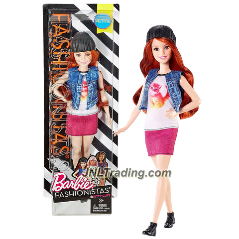 Mattel Year 2016 Barbie Fashionistas 10 Inch Doll - Caucasian PETITE with Long Red Hair in Kitty Cute White Pink Dress and Blue Jacket with Hat