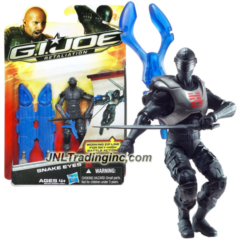 Hasbro Year 2011 G.I. JOE Movie Series "Retaliation" 4 Inch Tall Action Figure - SNAKE EYES with 5 Feet String Zip Line, Wings with Missile Launcher, Katana Blade and Submachine Gun