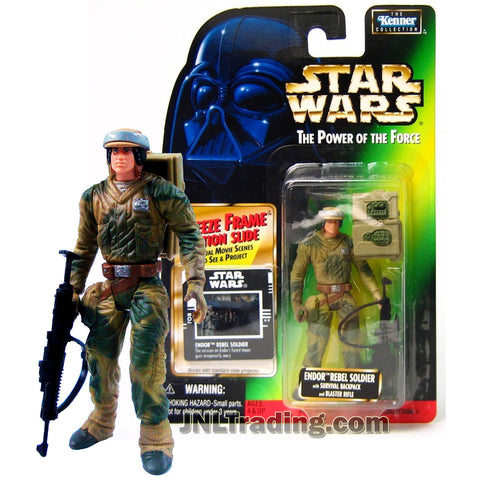 Star Wars Year 1997 Power of The Force Series 4 Inch Tall Figure - ENDOR REBEL SOLDIER with Backpack, Rifle and Freeze Frame Action Slide