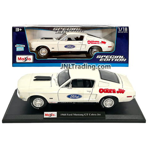 Maisto Special Edition Series 1:18 Scale Die Cast Car - Exclusive Style White Classic Muscle Coupe 1968 FORD MUSTANG GT COBRA JET with Display Base