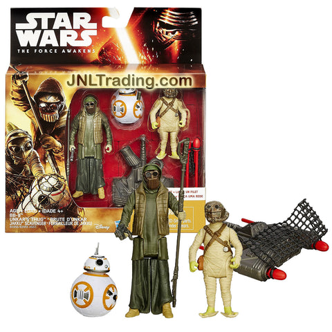 Hasbro Year 2015 Star Wars The Force Awakens 3 Pack 4 Inch Tall Figure Set : BB-8, UNKAR'S THUG and JAKKU SCAVENGER with Net Launcher, Spear and Blaster