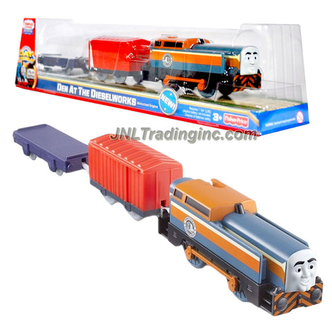 Fisher Price Year 2011 Thomas and Friends DVD Series As Seen On "Day of the Diesels" Trackmaster Motorized Railway Battery Powered Tank Engine 3 Pack Train Set - DEN AT THE DIESELWORKS (V9037) with Den the Diesel Engine, Red Caboose and Flatbed Trailer