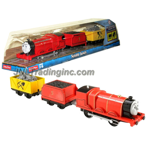 Fisher Price Year 2014 Thomas and Friends Trackmaster As Seen on DVD " Tale of the Brave" Enhanced Motorized Railway Battery Powered Engine 3 Pack Train Set - SCARED JAMES the Red Color Mixed-Traffic Engine with "Coal Loaded" Car and "Rock Loaded" Yellow Car